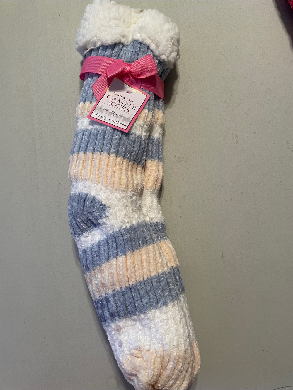 Simply Southern Blue, Cream  Striped Cozy Camper Socks New